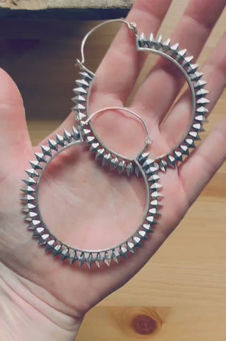 Extra Large Spiky Silver Hoop Earrings, Boho Ethnic Rustic,  Festival Fashion,  Psy Trance Wear