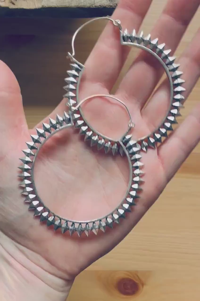 Extra Large Spiky Silver Hoop Earrings, Boho Ethnic Rustic,  Festival Fashion,  Psy Trance Wear
