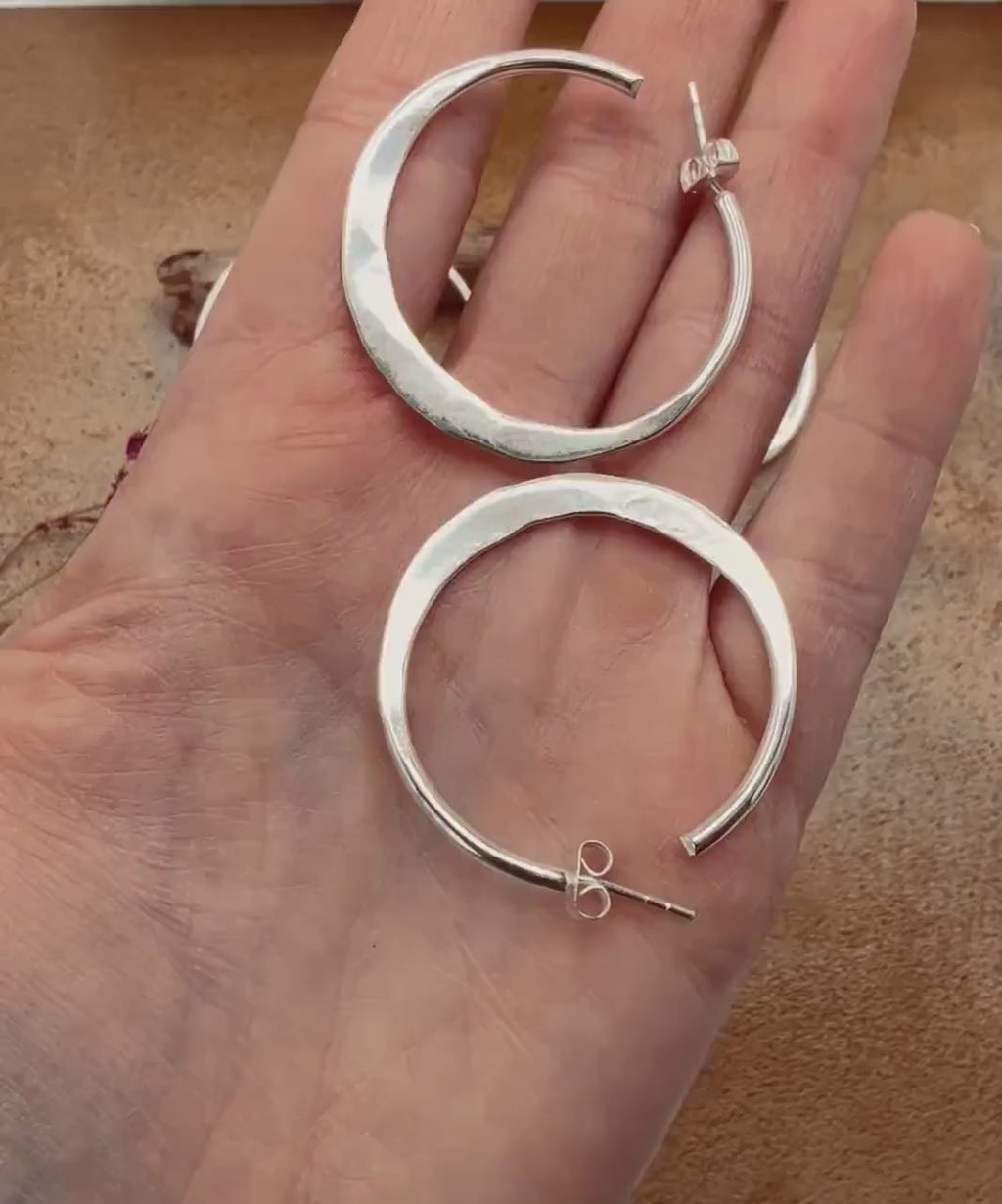 Hammered Flat Silver Hoop Earrings Butterfly Back, Irregular Silver Hoops, Ethnic Jewellery, Everyday Silver Earrings