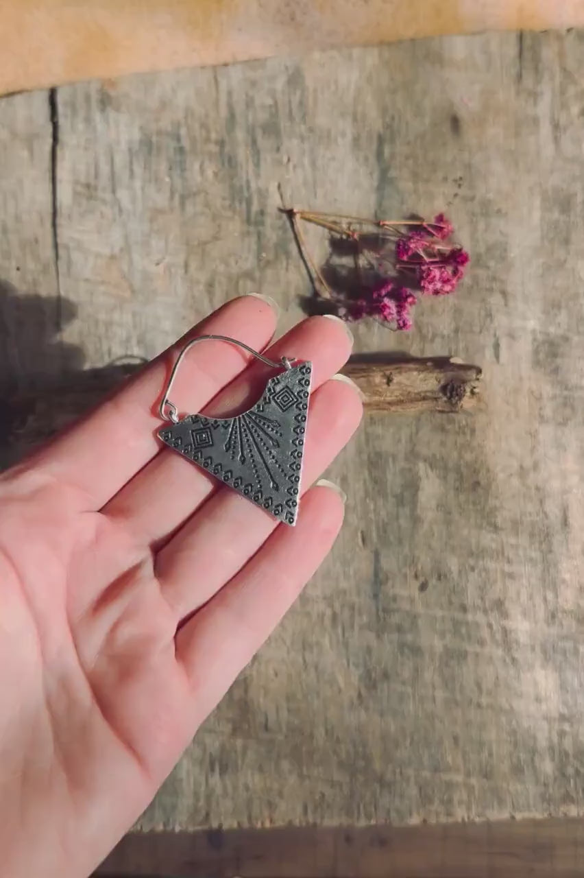 Double Sided Silver Triangle Earrings, Boho Statement Earrings, Tribal Inspired Geometric Earrings, Alternative Jewellery