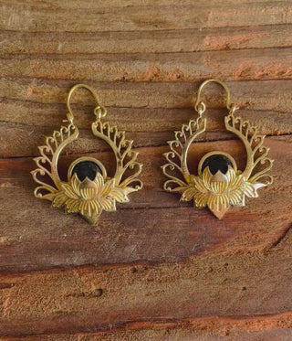Black Onyx Earrings Gold Lotus Flower Brass Jewelery / Rustic / Yoga / Boho Jewellery Bohemian Style / Festival Look / Ibiza / Gift for Her
