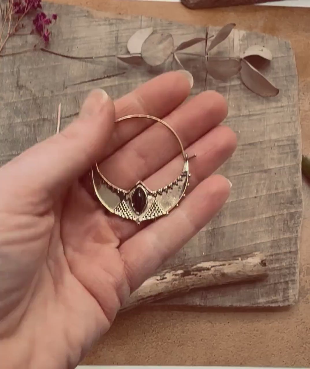 Ethnic Brass Hoop Earrings with Black Onyx stones, Jewellery for Boho Women, Bohemian style Jewelery from Kaali Boutique