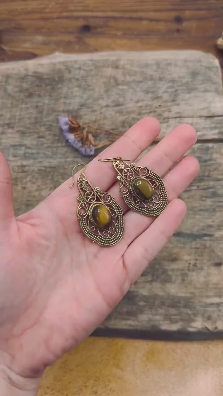 Large Brass Tiger's Eye Drop earrings, Statement Boho Earrings, Gift for Her