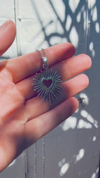 Mexican Sacred Heart Silver Pendant Necklace 50cm Stainless Steel Chain, Milagro Inspired Necklace, Sunburst Heart Necklace