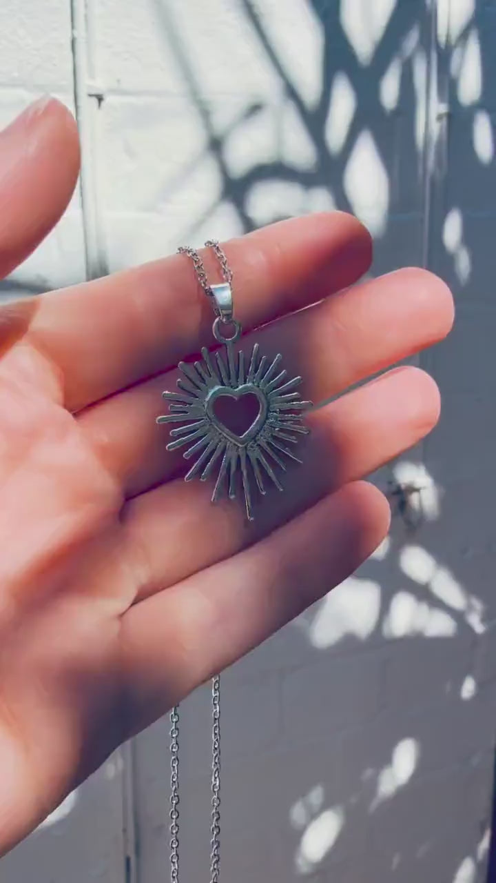 Mexican Sacred Heart Silver Pendant Necklace 50cm Stainless Steel Chain, Milagro Inspired Necklace, Sunburst Heart Necklace