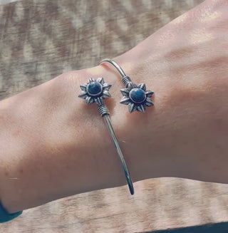 Lapis Lazuli Flower Silver Bracelet /  Adjustable Bangle / Bohemian Jewelery
