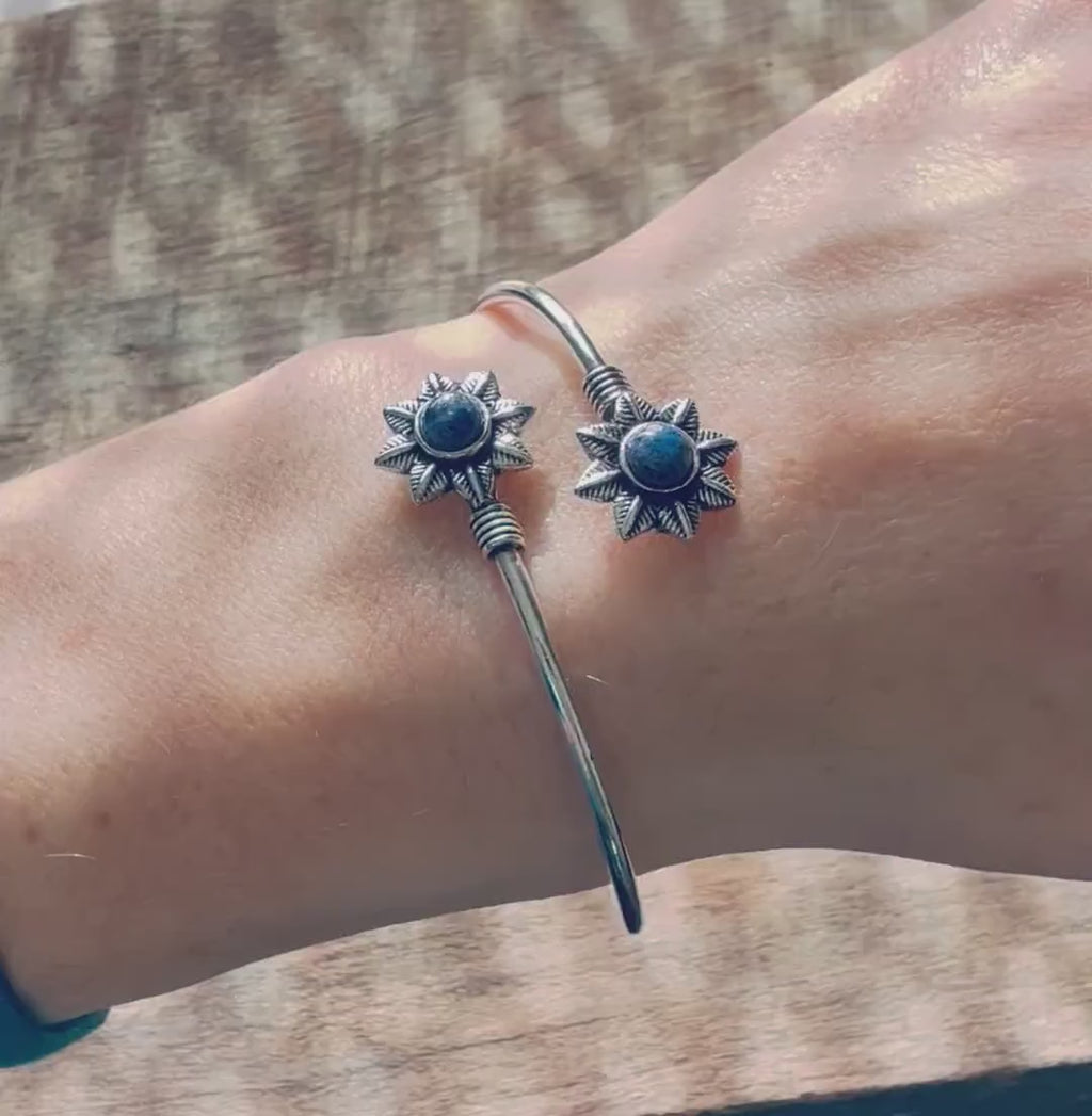 Lapis Lazuli Flower Silver Bracelet /  Adjustable Bangle / Bohemian Jewelery