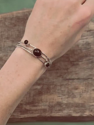 Large Size Hammered Silver Bracelet with Black Onyx Stones, Bohemian Bangles, Gift Box Option, Boho, Artisanal