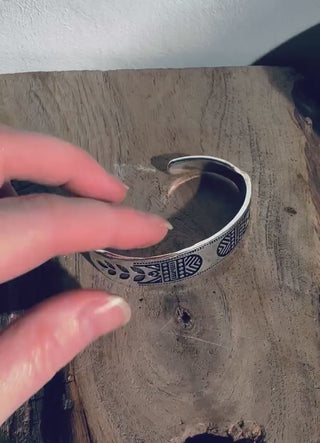 Silver Bracelet Tribal Symbols Native Markings / Bangle / Cuff / Unisex / Boho / Ethnic / Rustic / Bohemian / Costume Fashion Jewelery /