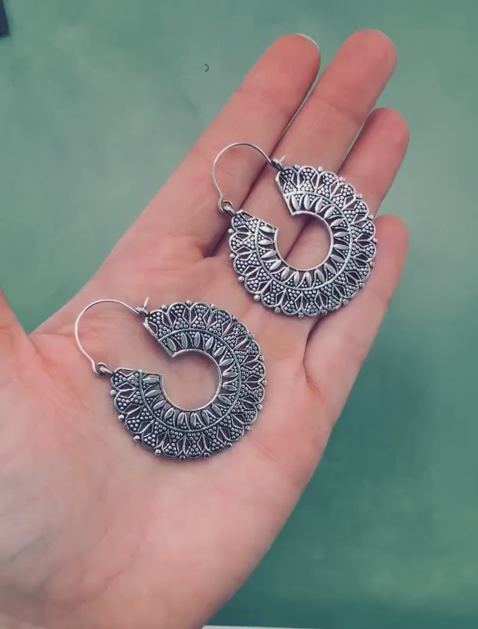 Mandala Circle Silver Earrings | Ethnic Hoops for Women | Gypsy Tribal Jewellery | Hypoallergenic Hoops