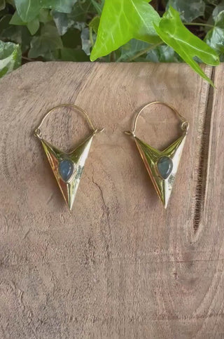 Labradorite & Brass Earrings / Triangle / Geometric  / Tribal / Mandala / Ethnic / Rustic / Yoga / Boho / Bohemian / Festival Fashion