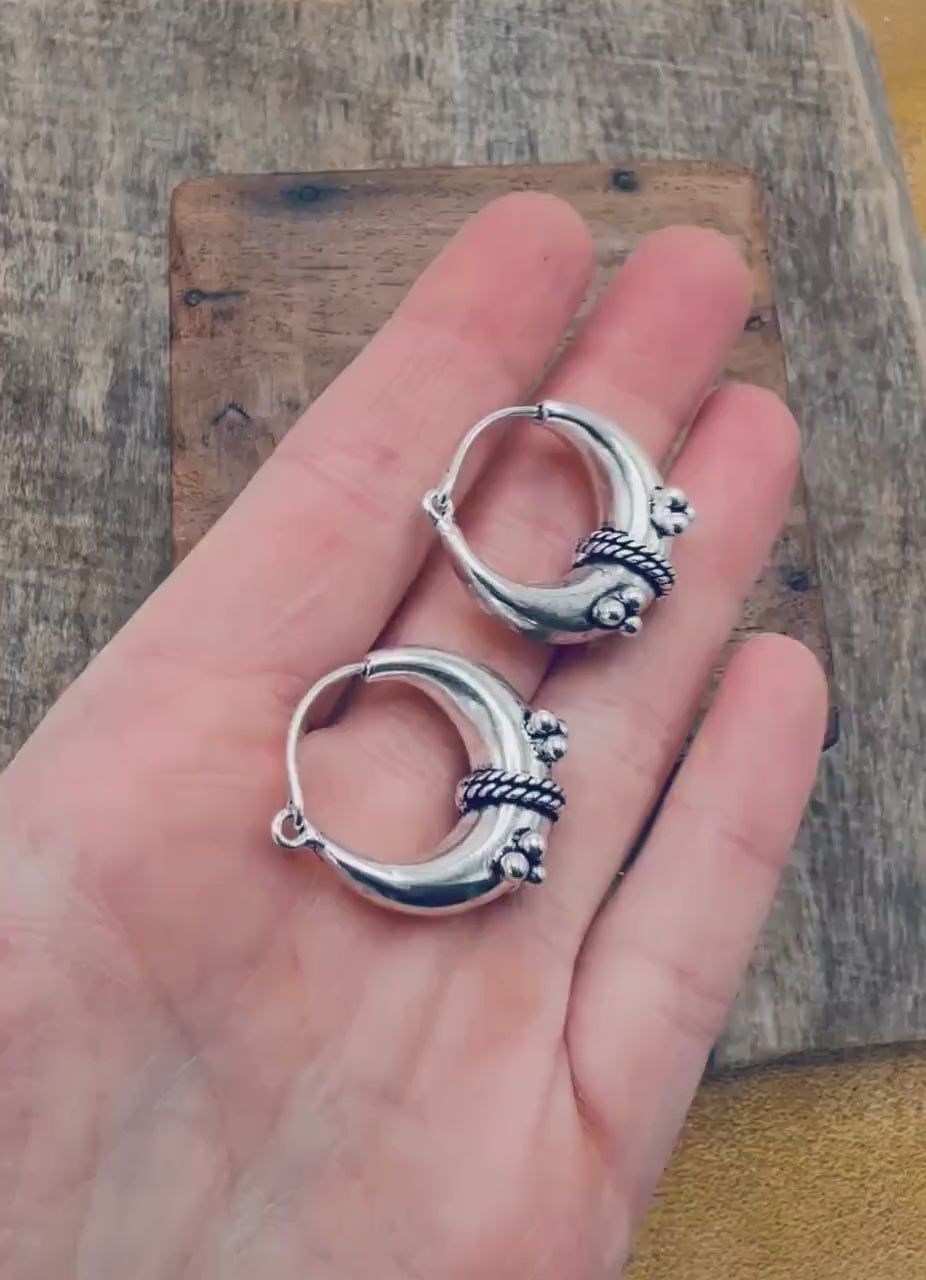 Chunky Silver Hoop Earrings – Boho Ethnic Style