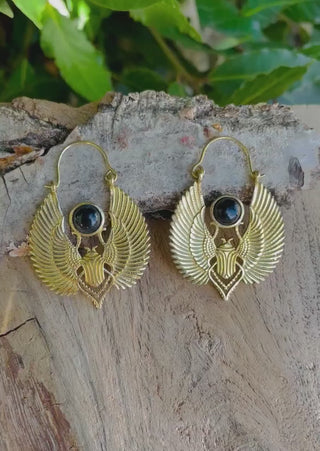 Gold Scarab Earrings Ancient Black Onyx  ; Ethnic, Geometric, rustic, yoga, hippie, gypsy, pretty, boho, bohemian, festival