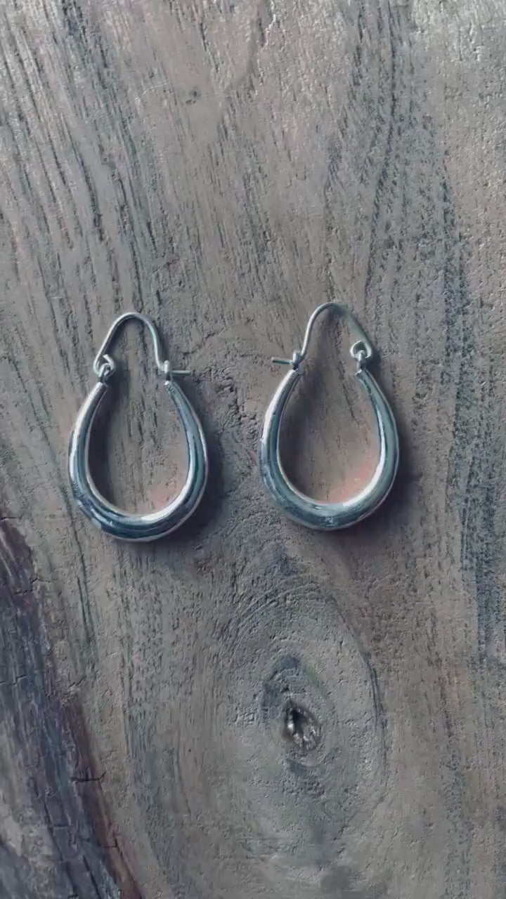 Chunky Silver Oval Hoop Earrings / Thick Hoop Earrings Ethnic / Boho / Vintage Unisex / Rustic / Psy / Gypsy / Spiral / Hippie / Tribal