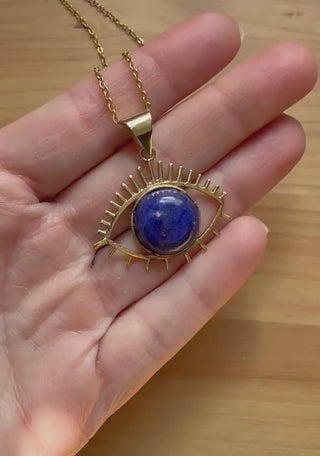 Chunky Lapis Lazuli Eye Brass Pendant, Stainless Steel Chain, Statement Necklace, Unique Gift