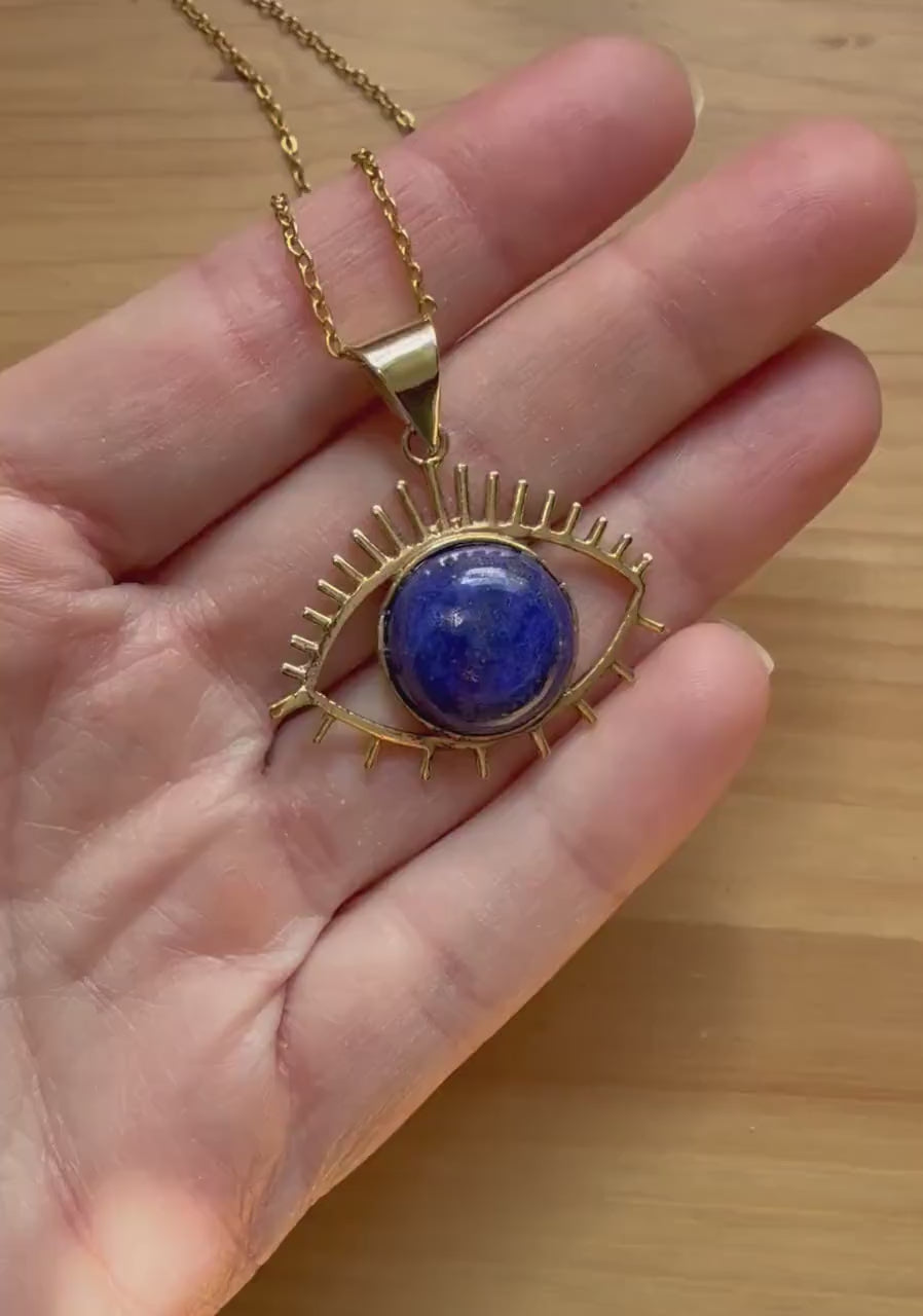 Chunky Lapis Lazuli Eye Brass Pendant, Stainless Steel Chain, Statement Necklace, Unique Gift