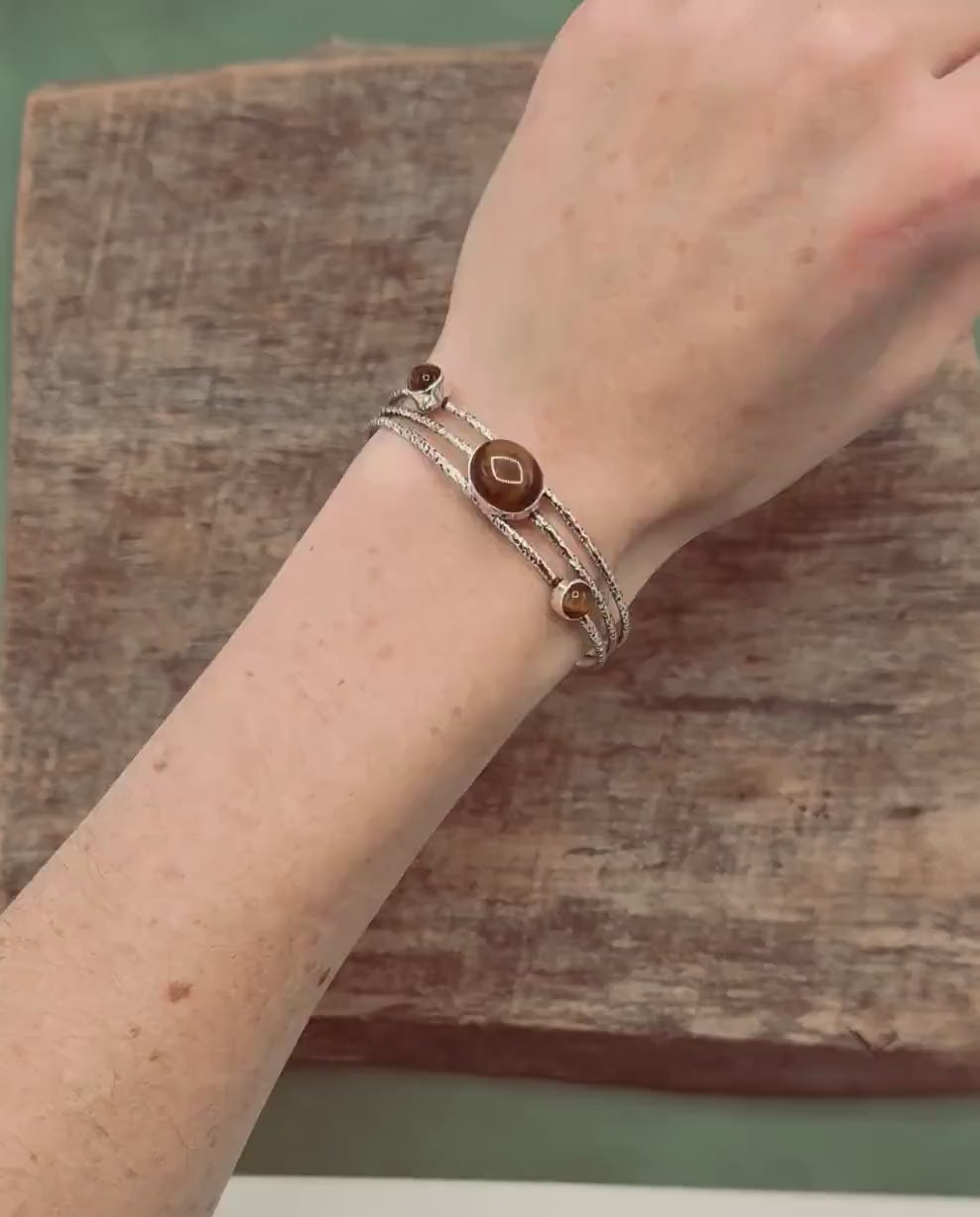 Large Size Hammered Silver Bracelet with Tiger Eye Stones, Bohemian Bangles, Gift Box Option, Boho, Artisanal