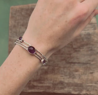 Adjustable Amethyst Silver Bracelet,  Bohemian Bangles, Gift Box Option, Boho, Artisanal