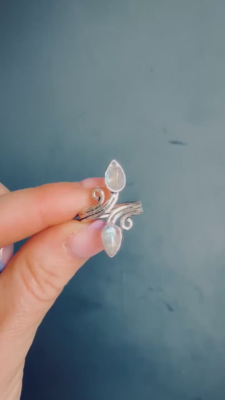 Silver Spiral Moonstone Adjustable Ring, Non Tarnish Ring, One size bohemian Ring for Her