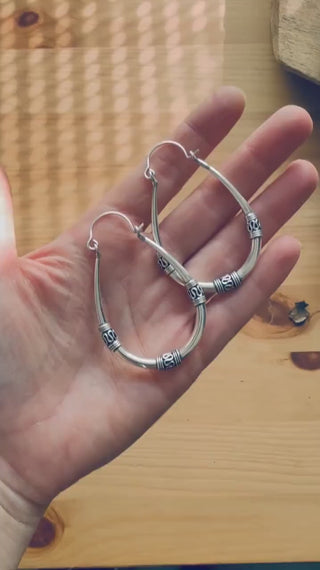 Bali Silver Oval Hoop Earrings / Brass Long / Tribal / Ethnic / Rustic / Bohemian / Gypsy