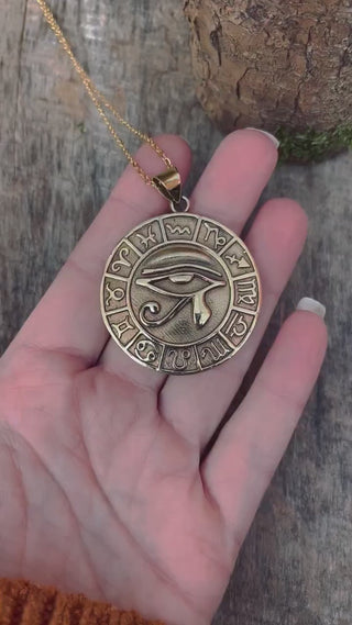 Eye of Horus Gold Necklace Large Pendant / Brass / Stainless Steel Chain / Ancient Egypt / Ra / Hieroglyphics / Ethnic / Boho / Bohemian