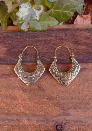 Brass Afghani Hoop Earrings; Ethnic, Geometric,  Small, Rustic, Yoga, Hippie, Gypsy, Pretty, Ssy, Boho, Bohemian, Festival