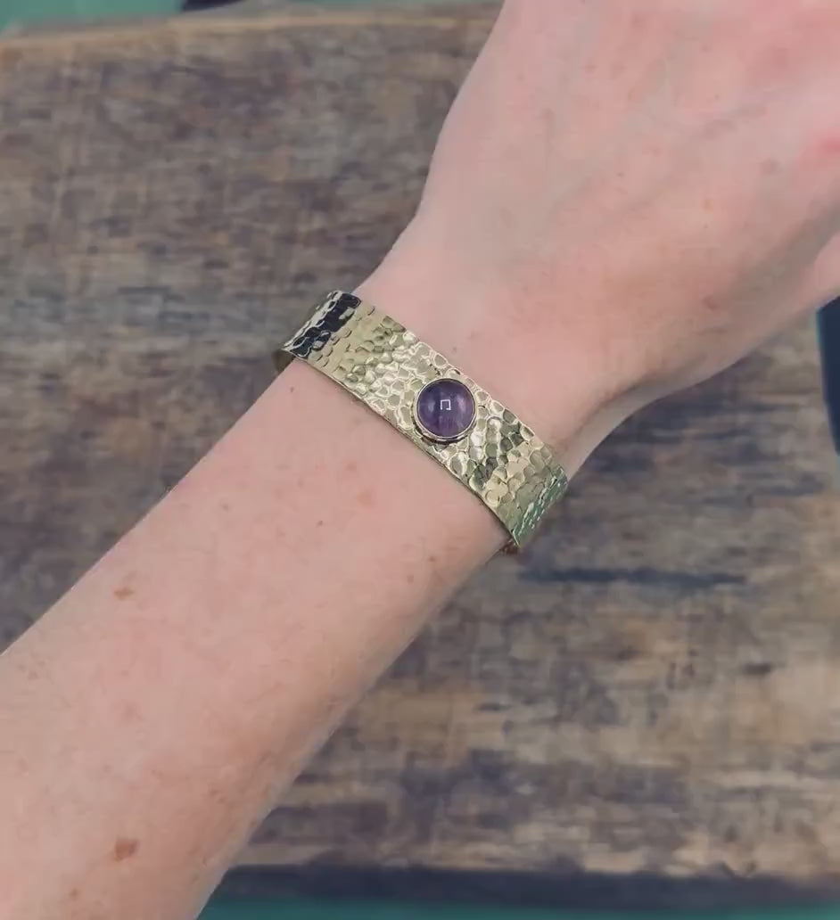 Hammered Brass Cuff Bracelet with Amethyst – Wide Boho Chic Bracelet for Women, Handmade Gold-Tone Jewellery