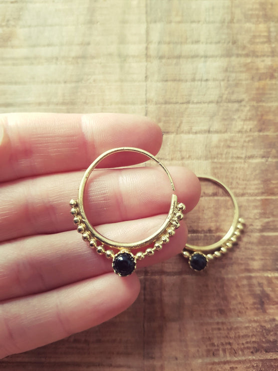 Small Boho Hoops Black Onyx Brass Earrings / Triangle / Mandala / Ethnic / Rustic / Yoga / Hippie / Gypsy / Psy / Bohemian / Festival