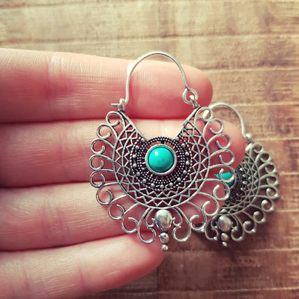 Turquoise Mandala Fleur Boucles d'oreilles Argent / Bohème / Yoga / Ethnique / Boho / Rustique / Chic / Gypsy Spiral / Tribal