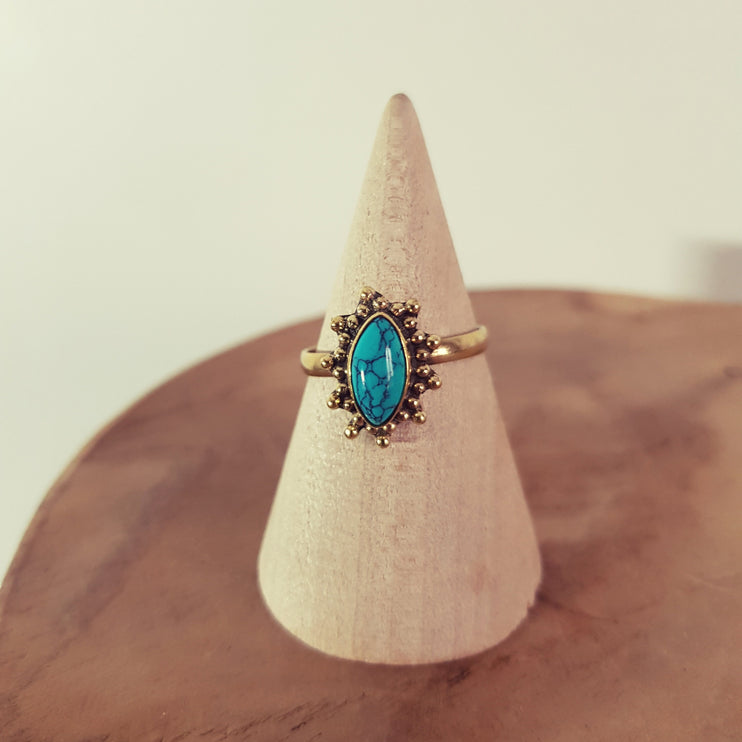 Boho Flower Turquoise Brass Ring / Pretty / Ethnic / Rustic / Festival / Tribal / Blue / Hippie / Gypsy / Psy / Stone / Healing