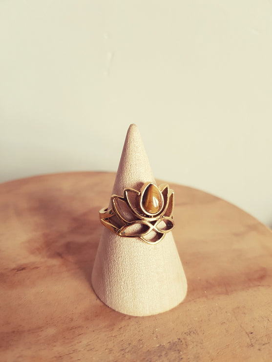 Brass Lotus Flower Ring / Tiger Eye / Large /Boho / Ethnic / Rustic / Tribal / Gypsy / Festival / Indian / Healing / Festival 