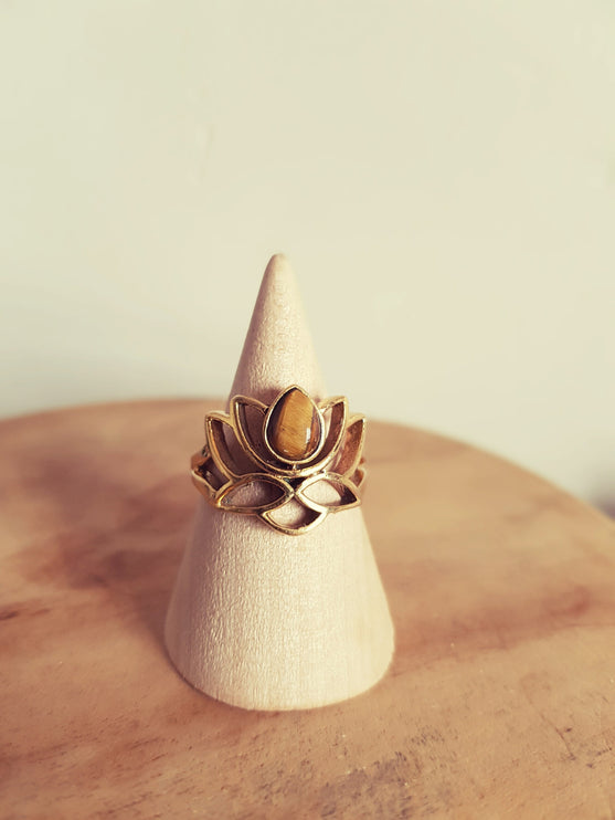 Brass Lotus Flower Ring / Tiger Eye / Large /Boho / Ethnic / Rustic / Tribal / Gypsy / Festival / Indian / Healing / Festival 