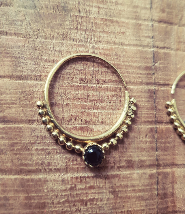 Small Boho Hoops Black Onyx Brass Earrings / Triangle / Mandala / Ethnic / Rustic / Yoga / Hippie / Gypsy / Psy / Bohemian / Festival