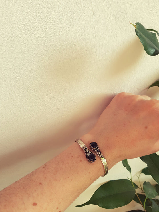 Black Onyx Silver Bracelet / Bangle / Ethnic / Rustic / Bohemian / Hippie / Gypsy / Psy / Chic / Jewellery / Body / Adjustable