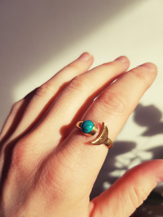 Cosmic Sun & Moon Brass Ring / Turquoise / Zodiac / Hippie / Boho / Ethnic / Rustic / Tribal / Gypsy / Festival / Healing / Festival 