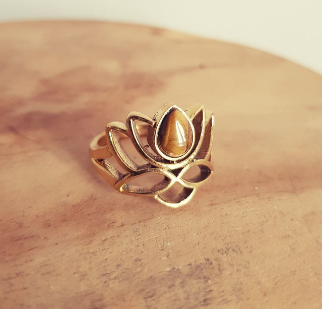 Brass Lotus Flower Ring / Tiger Eye / Large /Boho / Ethnic / Rustic / Tribal / Gypsy / Festival / Indian / Healing / Festival 