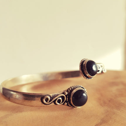 Black Onyx Silver Bracelet / Bangle / Ethnic / Rustic / Bohemian / Hippie / Gypsy / Psy / Chic / Jewellery / Body / Adjustable