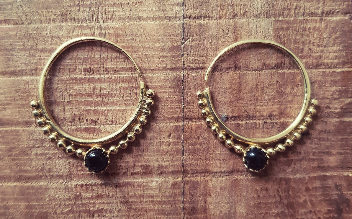 Small Boho Hoops Black Onyx Brass Earrings / Triangle / Mandala / Ethnic / Rustic / Yoga / Hippie / Gypsy / Psy / Bohemian / Festival