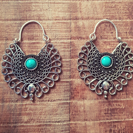 Turquoise Mandala Fleur Boucles d'oreilles Argent / Bohème / Yoga / Ethnique / Boho / Rustique / Chic / Gypsy Spiral / Tribal