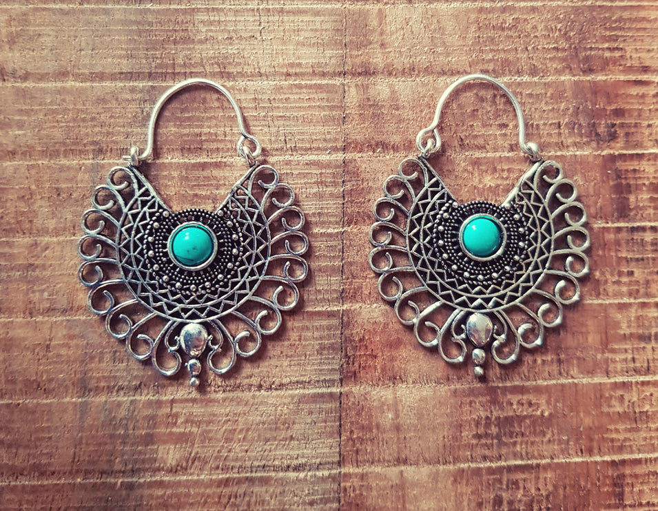 Turquoise Mandala Fleur Boucles d'oreilles Argent / Bohème / Yoga / Ethnique / Boho / Rustique / Chic / Gypsy Spiral / Tribal