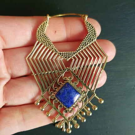 Ethnic Geometric Lapis Lazuli Brass Earrings / Tribal / Rustic / Yoga / Hippie / Gypsy / Psy / Boho / Bohemian / Festival