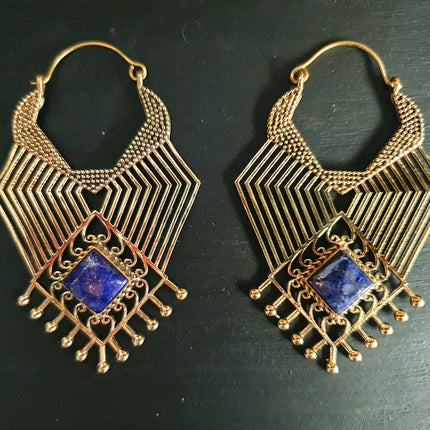 Ethnic Geometric Lapis Lazuli Brass Earrings / Tribal / Rustic / Yoga / Hippie / Gypsy / Psy / Boho / Bohemian / Festival