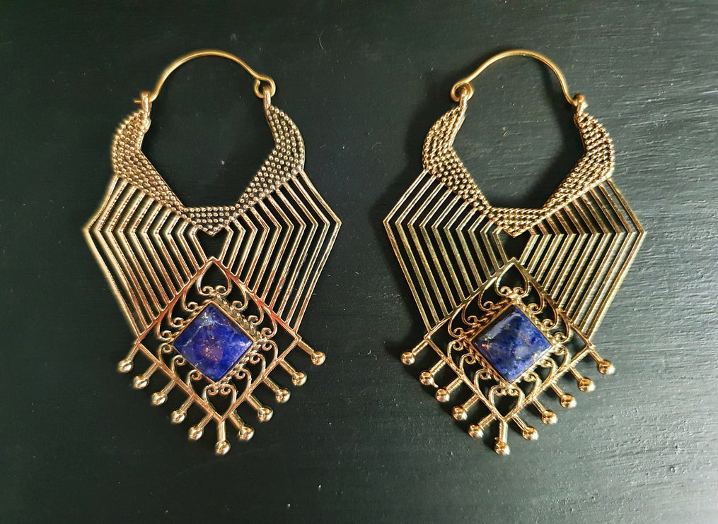 Ethnic Geometric Lapis Lazuli Brass Earrings / Tribal / Rustic / Yoga / Hippie / Gypsy / Psy / Boho / Bohemian / Festival