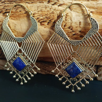Ethnic Geometric Lapis Lazuli Brass Earrings / Tribal / Rustic / Yoga / Hippie / Gypsy / Psy / Boho / Bohemian / Festival