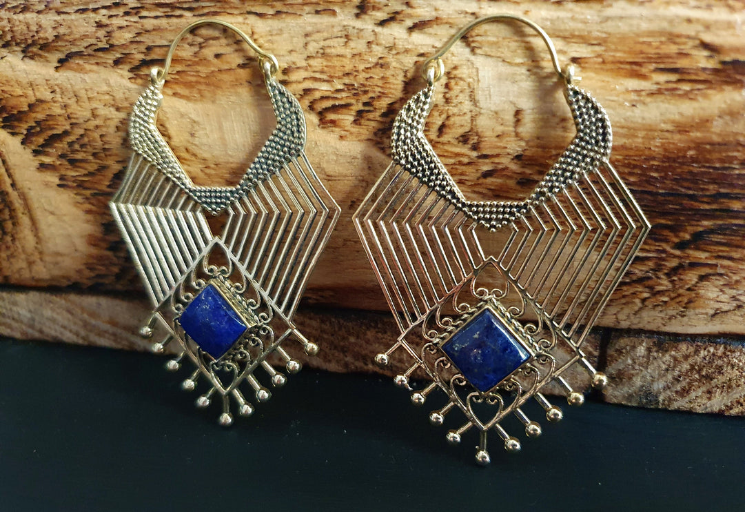 Ethnic Geometric Lapis Lazuli Brass Earrings / Tribal / Rustic / Yoga / Hippie / Gypsy / Psy / Boho / Bohemian / Festival