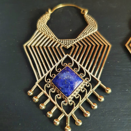 Ethnic Geometric Lapis Lazuli Brass Earrings / Tribal / Rustic / Yoga / Hippie / Gypsy / Psy / Boho / Bohemian / Festival