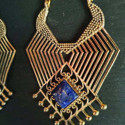 Ethnic Geometric Lapis Lazuli Brass Earrings / Tribal / Rustic / Yoga / Hippie / Gypsy / Psy / Boho / Bohemian / Festival