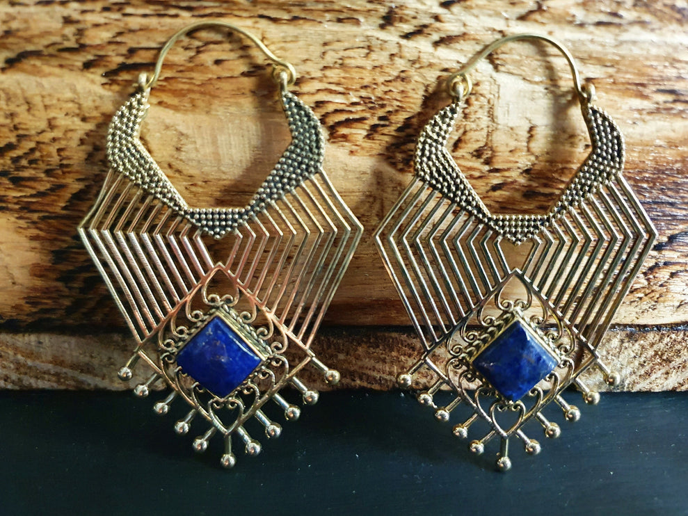 Ethnic Geometric Lapis Lazuli Brass Earrings / Tribal / Rustic / Yoga / Hippie / Gypsy / Psy / Boho / Bohemian / Festival