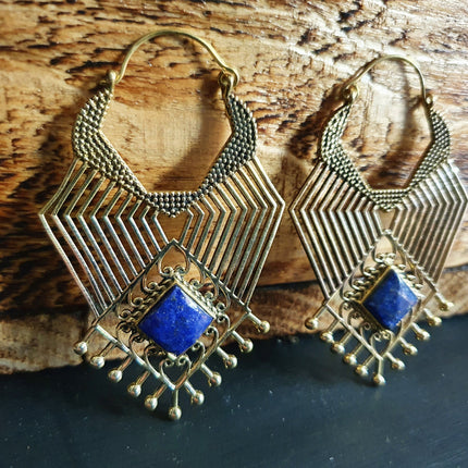 Ethnic Geometric Lapis Lazuli Brass Earrings / Tribal / Rustic / Yoga / Hippie / Gypsy / Psy / Boho / Bohemian / Festival