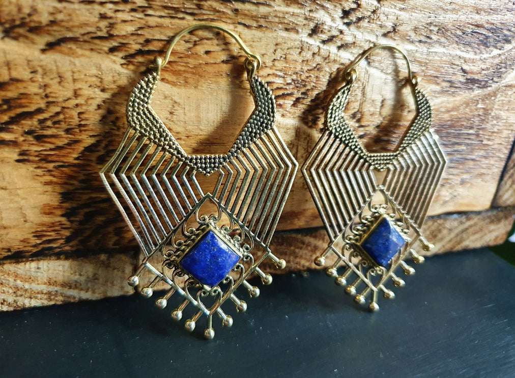 Ethnic Geometric Lapis Lazuli Brass Earrings / Tribal / Rustic / Yoga / Hippie / Gypsy / Psy / Boho / Bohemian / Festival